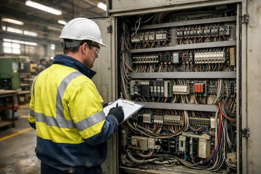 Electrical engineer working on industrial control panel